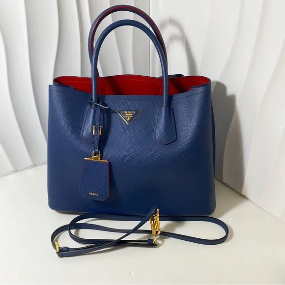 PRADA Double Medium Tote Bag Blue Saffiano Leather - Picture 1 of 12